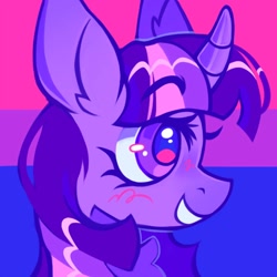 Size: 1000x1000 | Tagged: safe, artist:onionpwder, twilight sparkle, alicorn, pony, g4, bisexual, bisexual pride flag, blushing, curved horn, female, grin, headcanon, horn, icon, lgbt headcanon, mare, pride, pride flag, sexuality headcanon, smiling, solo, twilight sparkle (alicorn)