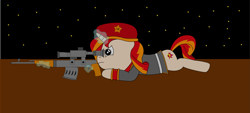 Size: 2801x1271 | Tagged: safe, artist:eminent entropy, derpibooru exclusive, sunset shimmer, pony, unicorn, g4, clothes, command and conquer, command and conquer: red alert, command and conquer: red alert 3, crossover, cutie mark, female, gun, horn, magic, natasha volkova, optical sight, red alert, red alert 3, rifle, scope, sniper, sniper rifle, sniperskya vintovka dragunova, solo, soviet, soviet shimmer, soviet union, stars, svd, uniform, weapon