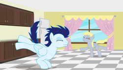Size: 1280x732 | Tagged: safe, artist:snap1994, derpy hooves, soarin', pegasus, pony, g4, cute, dancing, derpabetes, derpin', duo, eyes closed, female, kitchen, male, mare, refrigerator, shipping, soarinbetes, stallion, straight, window
