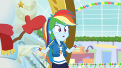 Size: 3410x1920 | Tagged: safe, screencap, rainbow dash, dashing through the mall, equestria girls, equestria girls series, g4, holidays unwrapped, spoiler:eqg series (season 2), clothes, cutie mark, cutie mark on clothes, female, geode of super speed, hoodie, jewelry, magical geodes, necklace, open mouth, solo
