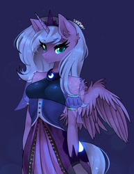 Size: 1581x2048 | Tagged: safe, artist:siripim111, princess luna, alicorn, anthro, g4, breasts, clothes, crown, detached sleeves, ear fluff, jewelry, regalia, shoulder fluff, shoulderless, solo, wing fluff