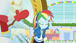 Size: 3410x1920 | Tagged: safe, screencap, rainbow dash, dashing through the mall, equestria girls, equestria girls specials, g4, my little pony equestria girls: better together, my little pony equestria girls: holidays unwrapped, clothes, cutie mark, cutie mark on clothes, eyes closed, female, geode of super speed, hoodie, jewelry, magical geodes, necklace, smiling, solo