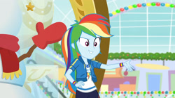 Size: 3410x1920 | Tagged: safe, screencap, rainbow dash, dashing through the mall, equestria girls, equestria girls specials, g4, my little pony equestria girls: better together, my little pony equestria girls: holidays unwrapped, clothes, cutie mark, cutie mark on clothes, female, geode of super speed, hoodie, jewelry, magical geodes, necklace, smiling, solo