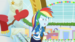 Size: 3410x1920 | Tagged: safe, screencap, rainbow dash, dashing through the mall, equestria girls, equestria girls series, g4, holidays unwrapped, spoiler:eqg series (season 2), clothes, cutie mark, cutie mark on clothes, faic, female, geode of super speed, hoodie, jewelry, magical geodes, necklace, open mouth, rainbow dash is best facemaker, solo