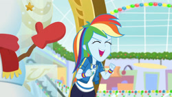 Size: 3410x1920 | Tagged: safe, screencap, rainbow dash, dashing through the mall, equestria girls, equestria girls series, g4, holidays unwrapped, spoiler:eqg series (season 2), clothes, cutie mark, cutie mark on clothes, eyes closed, female, geode of super speed, hoodie, jewelry, magical geodes, necklace, open mouth, smiling, solo