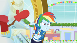 Size: 3410x1920 | Tagged: safe, screencap, rainbow dash, dashing through the mall, equestria girls, equestria girls series, g4, holidays unwrapped, spoiler:eqg series (season 2), clothes, cutie mark, cutie mark on clothes, faic, female, geode of super speed, hoodie, jewelry, magical geodes, necklace, rainbow dash is best facemaker, smiling, solo