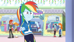 Size: 3410x1920 | Tagged: safe, screencap, crimson napalm, golden hazel, ink jet, rainbow dash, scribble dee, dashing through the mall, equestria girls, equestria girls series, g4, holidays unwrapped, spoiler:eqg series (season 2), background human, boots, canterlot mall, cap, clothes, cutie mark, cutie mark on clothes, dressup, female, geode of super speed, glasses, hat, holding hands, hoodie, jewelry, magical geodes, male, necklace, pants, plusplus, shoes, skirt, solo focus