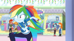 Size: 3410x1920 | Tagged: safe, screencap, crimson napalm, rainbow dash, scribble dee, dashing through the mall, equestria girls, equestria girls specials, g4, my little pony equestria girls: better together, my little pony equestria girls: holidays unwrapped, clothes, cutie mark, cutie mark on clothes, female, geode of super speed, hoodie, jewelry, magical geodes, male, necklace, rainbow trail, running, solo focus