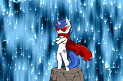 Size: 1280x844 | Tagged: safe, artist:afkregen, oc, oc only, oc:shifting gear, earth pony, unicorn, semi-anthro, arm hooves, cape, clothes, cutie mark, digital art, horn, male, rock, solo, sunglasses, superhero, tail, thighs, waterfall