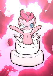 Size: 858x1236 | Tagged: safe, artist:afkregen, pinkie pie, earth pony, semi-anthro, g4, arm hooves, cake, digital art, female, food, looking at you, solo, surprised, tail, teeth, thighs