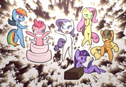 Size: 1280x883 | Tagged: safe, artist:afkregen, applejack, fluttershy, pinkie pie, rainbow dash, rarity, twilight sparkle, earth pony, pegasus, unicorn, semi-anthro, g4, arm hooves, book, butt, cake, covering mouth, cowboy hat, cutie mark, digital art, eyes closed, female, food, group, hat, horn, looking at you, mane six, open mouth, plot, rainbutt dash, reading, sleeping, spread wings, surprised, tail, teeth, thighs, unicorn twilight, wings