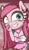 Size: 790x1350 | Tagged: safe, artist:phoenixrk49, pinkie pie, anthro, g4, abstract background, ace attorney, breasts, chest fluff, cleavage, clothes, knife, looking at you, outfit, phoenix wright, pinkamena diane pie, simple background, solo, tongue out