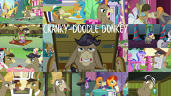Size: 1280x721 | Tagged: safe, edit, edited screencap, editor:quoterific, screencap, blues, cranky doodle donkey, gallus, lily, lily valley, lucky clover, matilda, noteworthy, pokey pierce, roseluck, royal riff, sea swirl, seafoam, spike, sunburst, twilight sparkle, alicorn, bird, donkey, dragon, pony, skunk, unicorn, 28 pranks later, a friend in deed, a hearth's warming tail, a matter of principals, a rockhoof and a hard place, a trivial pursuit, dragon quest, g4, no second prances, slice of life (episode), the break up breakdown, alternate hairstyle, blushing, eye contact, eyes closed, female, food, juice, kissing, looking at each other, male, mare, newspaper, orange juice, pasta, spaghetti, spaghetti scene, stallion, twilight sparkle (alicorn), wagon