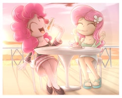 Size: 1221x984 | Tagged: safe, artist:phoenixrk49, fluttershy, pinkie pie, equestria girls, g4, cake, clothes, cloud, cute, diapinkes, eating, eyes closed, fence, food, fruit, hairpin, open mouth, sandals, shoes, shyabetes, sitting, strawberry, sunset, toes