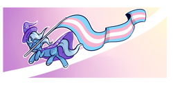 Size: 1920x1080 | Tagged: safe, artist:magician-horse, trixie, pony, unicorn, g4, cape, clothes, eyes closed, female, flag, hat, lgbt headcanon, mare, mouth hold, pride, pride flag, solo, trans female, trans trixie, transgender, transgender pride flag, trixie's cape, trixie's hat
