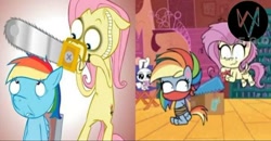 Size: 720x373 | Tagged: safe, artist:hotdiggedydemon, edit, edited screencap, screencap, angel bunny, fluttershy, rainbow dash, pony, .mov, shed.mov, g4, g4.5, my little pony: pony life, unboxing day, chainsaw, cloth gag, fake screenshot, female, gag, hoof hold, mare, messy mane, saw, tied up