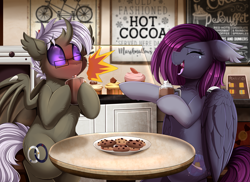 Size: 3509x2550 | Tagged: safe, artist:pridark, oc, oc only, bat pony, changeling, hybrid, pony, bat pony oc, cafe, chocolate, commission, cookie, cup, duo, eyes closed, fire, food, high res, hot chocolate, indoors, open mouth, plate, sitting, table, whipped cream
