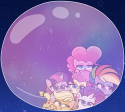 Size: 1346x1205 | Tagged: safe, screencap, applejack, fluttershy, pinkie pie, rainbow dash, rarity, twilight sparkle, earth pony, pony, bubble trouble, g4.5, my little pony: pony life, spoiler:pony life s02e08, bubble, cropped, female, in bubble, in the bubble, mane six, mare, pony pile, squishy