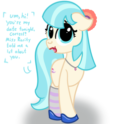 Size: 1200x1200 | Tagged: safe, artist:dafiltafish, coco pommel, earth pony, pony, g4, clothes, jewelry, lipstick, looking at you, necklace, simple background, socks, solo, text, white background