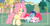 Size: 2909x1533 | Tagged: safe, artist:interstellar-quartz, fluttershy, pinkie pie, princess ember, pony, amaryllisverse, g4, baby ember, coat markings, laughing, lying down, on back, pale belly, ponyville, poofy mane, prone, race swap, socks (coat markings), unamused, unicorn fluttershy