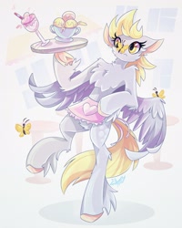 Size: 2000x2500 | Tagged: safe, artist:alexbluebird, derpy hooves, butterfly, pegasus, semi-anthro, g4, apron, arm hooves, butterfly on nose, cheek fluff, chest fluff, clothes, colored hooves, female, fetlock tuft, fluffy, food, high res, ice cream, insect on nose, losing balance, solo, startled, waitress
