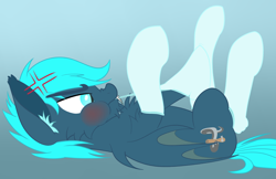 Size: 2728x1770 | Tagged: safe, artist:justapone, oc, oc only, oc:guttatus, bat pony, pony, angry, bat pony oc, biting, blushing, clothes, colored, colored lineart, ear fluff, frown, lineart, lying down, mouth hold, on back, pulling, pulling clothes, scrunchy face, simple background, socks, solo, teeth, unshorn fetlocks