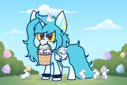 Size: 3000x2000 | Tagged: safe, artist:jetjetj, part of a set, oc, oc only, oc:nuka quantum, alicorn, pony, rabbit, animal, basket, chibi, commission, easter egg, female, high res, mare, mouth hold, solo, spiked wristband, two toned wings, wings, wristband, ych result