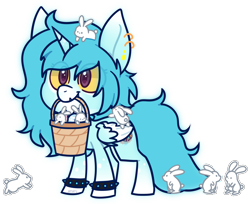 Size: 2180x1780 | Tagged: safe, alternate version, artist:jetjetj, part of a set, oc, oc only, oc:nuka quantum, alicorn, pony, rabbit, animal, basket, chibi, commission, easter egg, female, mare, mouth hold, simple background, solo, spiked wristband, transparent background, two toned wings, wings, wristband, ych result