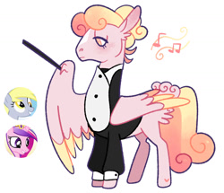 Size: 1280x1099 | Tagged: safe, artist:goatpaste, derpy hooves, princess cadance, oc, oc:coiled rhythums, pegasus, pony, g4, conductor's baton, maestro, magical lesbian spawn, offspring, parent:derpy hooves, parent:princess cadance, screencap reference, simple background, white background, wing hold