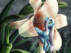 Size: 4000x3000 | Tagged: safe, artist:faline-art, breezie, cloud, female, flower, lily (flower), looking up, lying down, mare, prone, scenery, smiling, solo