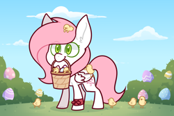 Size: 3000x2000 | Tagged: safe, artist:jetjetj, part of a set, oc, oc only, oc:sugar morning, pegasus, pony, basket, chibi, chick, commission, easter egg, female, high res, mare, mouth hold, solo, ych result