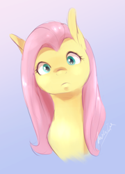 Size: 1218x1689 | Tagged: safe, artist:buttersprinkle, fluttershy, pony, g4, bust, curious, cute, female, front view, full face view, gradient background, head tilt, looking at you, mare, portrait, shyabetes, solo