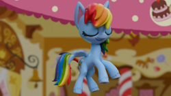 Size: 1920x1080 | Tagged: safe, screencap, rainbow dash, pony, cake off, g4.5, my little pony: stop motion short, eyes closed, smiling, solo, stop motion
