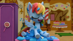 Size: 1920x1080 | Tagged: safe, screencap, rainbow dash, pony, g4.5, my little pony: stop motion short, cake, food, laughing, solo, stop motion