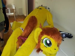 Size: 2592x1944 | Tagged: safe, artist:atalonthedeer, oc, oc:canni soda, galacon, disembodied head, fursuit, irl, lying down, oh my god they killed kenny, partially undressed, photo, pun, south park