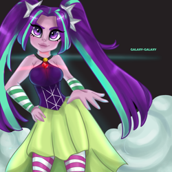 Size: 640x640 | Tagged: safe, artist:gum0rball, aria blaze, equestria girls, g4, my little pony equestria girls: rainbow rocks, bare shoulders, clothes, dress, female, gem, looking at you, pigtails, siren gem, sleeveless, sleeveless dress, smoke, solo, twintails