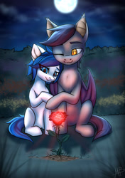 Size: 1024x1451 | Tagged: safe, artist:megabait, oc, oc only, oc:daria quanto, oc:night vision, bat pony, earth pony, pony, couple, female, flower, love, male, moon, night, red, red rose, relationship, romantic, rose