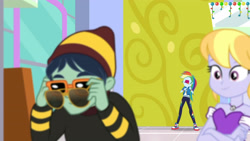 Size: 3410x1920 | Tagged: safe, screencap, rainbow dash, waldo whereabout, dashing through the mall, equestria girls, equestria girls specials, g4, my little pony equestria girls: better together, my little pony equestria girls: holidays unwrapped, clothes, converse, cutie mark, cutie mark on clothes, female, geode of super speed, hoodie, jewelry, magical geodes, male, necklace, nose in the air, open mouth, shoes, smiling, sunglasses