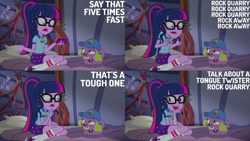 Size: 1280x720 | Tagged: safe, edit, edited screencap, editor:quoterific, screencap, sci-twi, spike, spike the regular dog, twilight sparkle, dog, equestria girls, g4, legend of everfree - bloopers, my little pony equestria girls: legend of everfree, camp everfree outfits, cellphone, glasses, hat, open mouth, phone, ponytail, smartphone, smiling