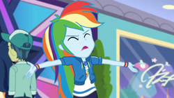 Size: 3410x1920 | Tagged: safe, screencap, rainbow dash, dashing through the mall, equestria girls, equestria girls specials, g4, my little pony equestria girls: better together, my little pony equestria girls: holidays unwrapped, clothes, cutie mark, cutie mark on clothes, eyes closed, faic, female, geode of super speed, hoodie, jewelry, magical geodes, male, necklace, open mouth, rainbow dash is best facemaker, solo focus