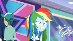 Size: 3410x1920 | Tagged: safe, screencap, rainbow dash, dashing through the mall, equestria girls, equestria girls specials, g4, my little pony equestria girls: better together, my little pony equestria girls: holidays unwrapped, angry, angry face, clothes, cutie mark, cutie mark on clothes, faic, female, female focus, furious, geode of super speed, grrrr, high res, hoodie, jewelry, magical geodes, male, necklace, rage, ragebow dash, rainbow dash is best facemaker, solo focus