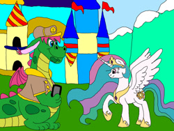 Size: 1032x774 | Tagged: safe, artist:wolfspiritclan, princess celestia, alicorn, dragon, pony, g4, canterlot, canterlot castle, clothes, crossover, disney, disney dragon, elliott, pete's dragon, pony princess, sailor, uniform