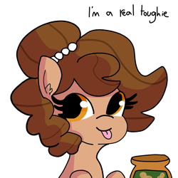 Size: 3000x3000 | Tagged: safe, artist:tjpones, oc, oc only, oc:brownie bun, earth pony, pony, blatant lies, food, high res, looking at you, peanut butter, raspberry, smiling, solo, tongue out