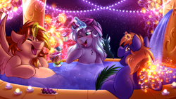 Size: 3840x2160 | Tagged: safe, artist:sugaryviolet, oc, oc:aether lux, oc:brightmind, oc:saros nebula, oc:snap fable, oc:sugary violet, alicorn, deity, pony, unicorn, alicorn oc, bathing, belly, big belly, cup, drink, fat, female, food, giant pony, giantess, god, goddess, godpone, grapes, high res, horn, macro, magic, male, mare, open mouth, pony bigger than a galaxy, pony bigger than a multiverse, pony bigger than a planet, pony bigger than a solar system, pony bigger than a star, pony bigger than a universe, pony heavier than a black hole, space, stallion, telekinesis, water