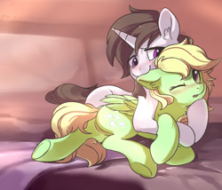 Size: 1400x1200 | Tagged: safe, artist:drtuo4, oc, oc only, oc:horsewhite, pegasus, pony, unicorn, bed, biting, blushing, butt, ear bite, ear fluff, featureless crotch, female, hug, looking at each other, mare, one eye closed, open mouth, plot, underhoof