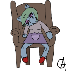 Size: 1000x1000 | Tagged: safe, artist:gotharts, derpibooru exclusive, oc, oc only, oc:rickety plush, anthro, broodmother, button eyes, chair, clothes, doll, dress, female, simple background, sitting, solo, stitches, toy, transparent background, watermark