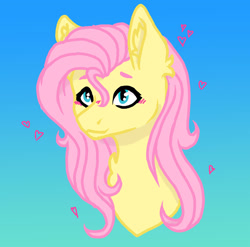 Size: 1280x1266 | Tagged: safe, artist:delfinaluther, fluttershy, pony, g4, blushing, bust, chest fluff, ear fluff, female, gradient background, heart, mare, portrait, solo, stray strand, three quarter view