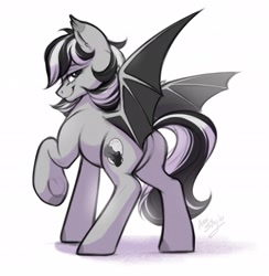 Size: 1871x1915 | Tagged: safe, artist:amishy, oc, oc only, bat pony, pony, featureless crotch, lidded eyes, looking at you, looking back, smiling, solo, spread wings, wings