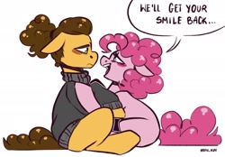 Size: 2048x1427 | Tagged: safe, artist:lrusu, cheese sandwich, pinkie pie, earth pony, pony, g4, the last laugh, clothes, dialogue, female, hug, male, sad, ship:cheesepie, shipping, smiling, straight, sweater