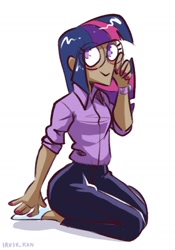 Size: 1149x1640 | Tagged: safe, artist:lrusu, twilight sparkle, human, g4, dark skin, glasses, humanized, looking at you, moderate dark skin, smiling, solo